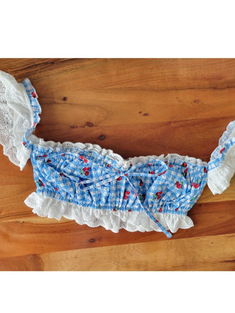 Out from Under Picnic Off The Shoulder Cherry Bandeau Lace Eyelet Trim S Top UO